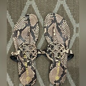Tory Burch Snake-Print Miller Sandals in Taupe and Black
